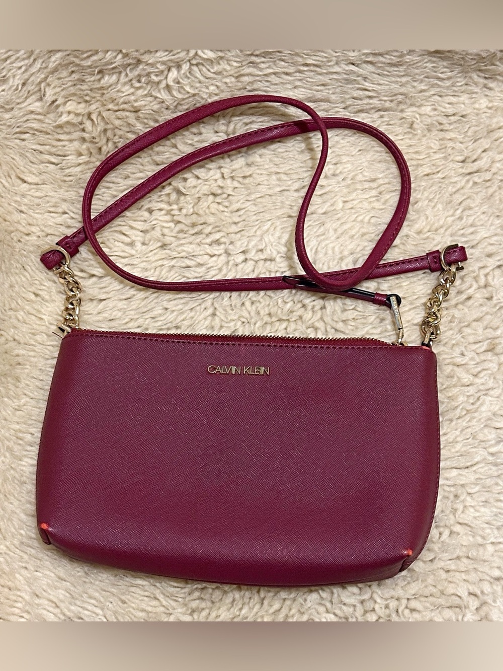 Calvin Klein Wine Red Crossbody Bag with Gold Hardware